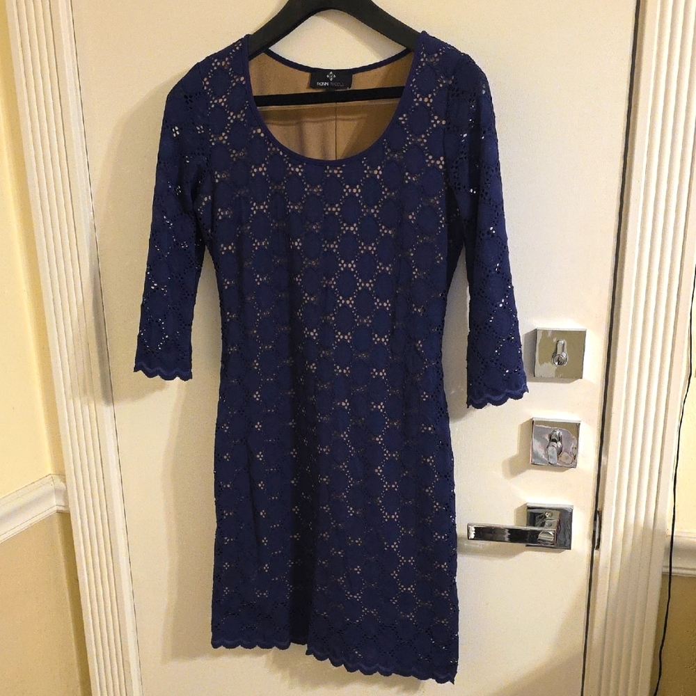 Ronni Nicole Navy Blue Lace Dress Scalloped Hem & Sleeves